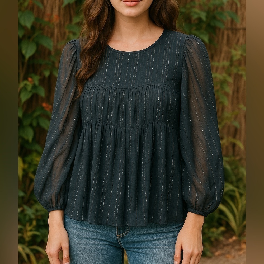 NWT Unsubscribed Pintuck Blouse Chiffon Silk Oversized Boho Long Sleeve Black 6